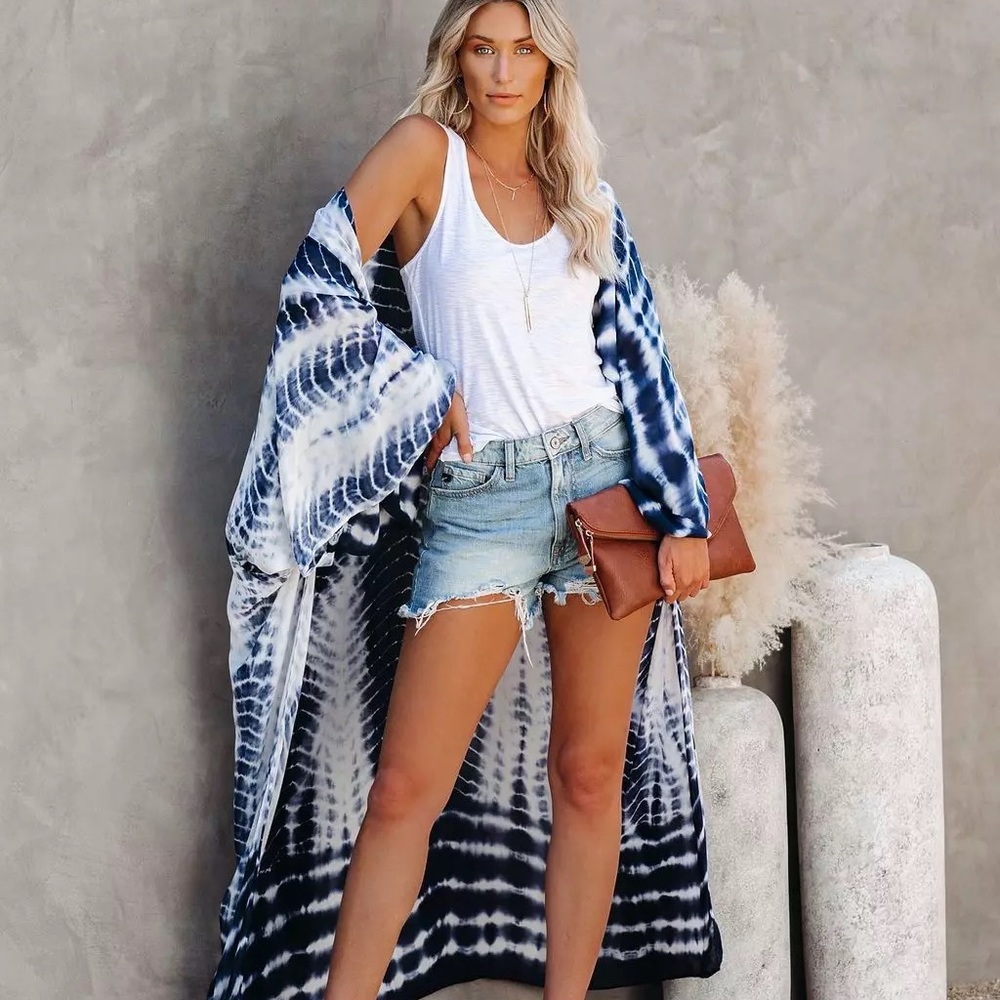 New Blue Boho Tie Dye Kimono - Picture 7 of 12